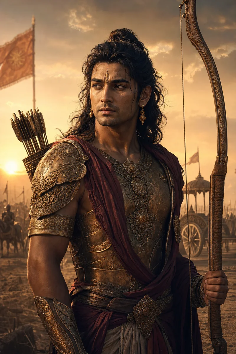 Cinematic portrait of Arjuna with the Gandiva bow at Kurukshetra