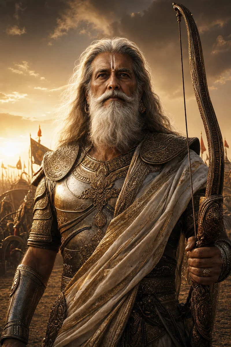 Cinematic portrait of Bhishma holding his bow on the Kurukshetra plain