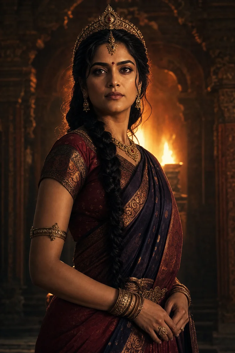 Cinematic portrait of Draupadi as a fire-born queen