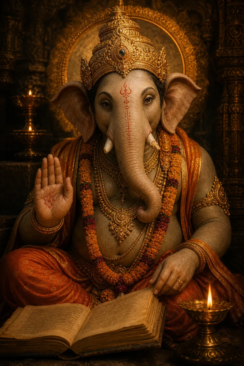 Cinematic temple portrait of Ganesha beside a manuscript and oil lamps