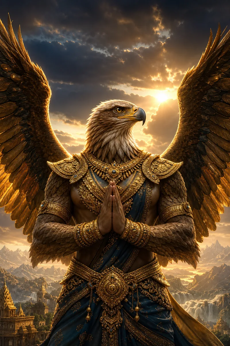 Cinematic portrait of Garuda with golden wings against a divine sunrise