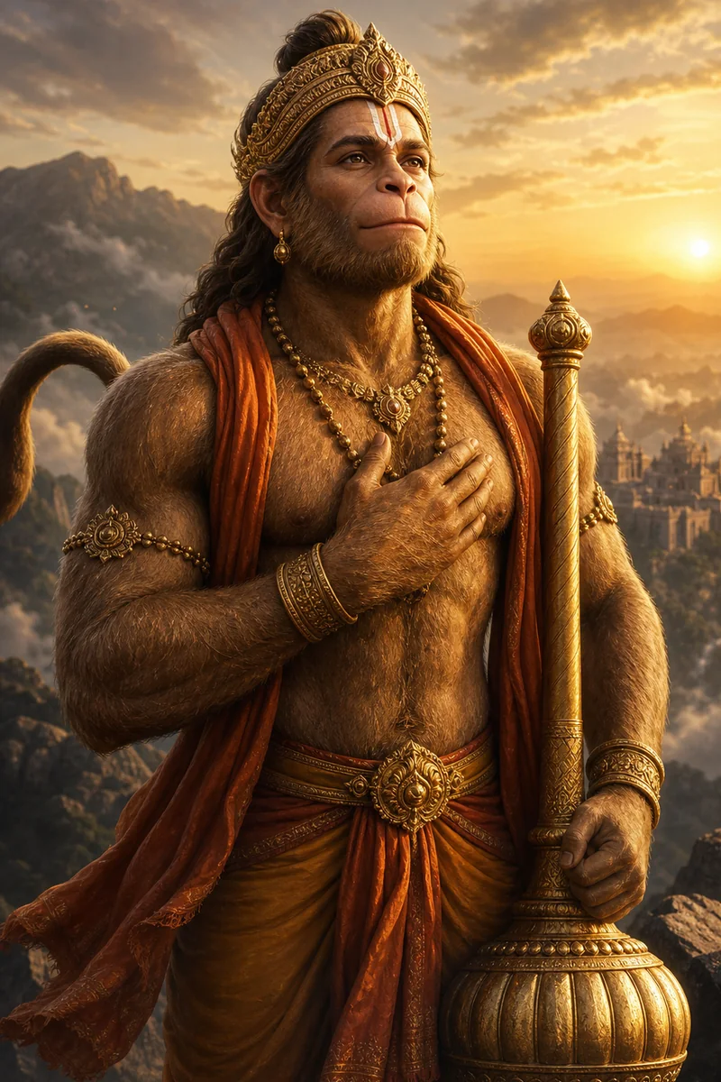 Cinematic portrait of Hanuman with his mace at sunrise