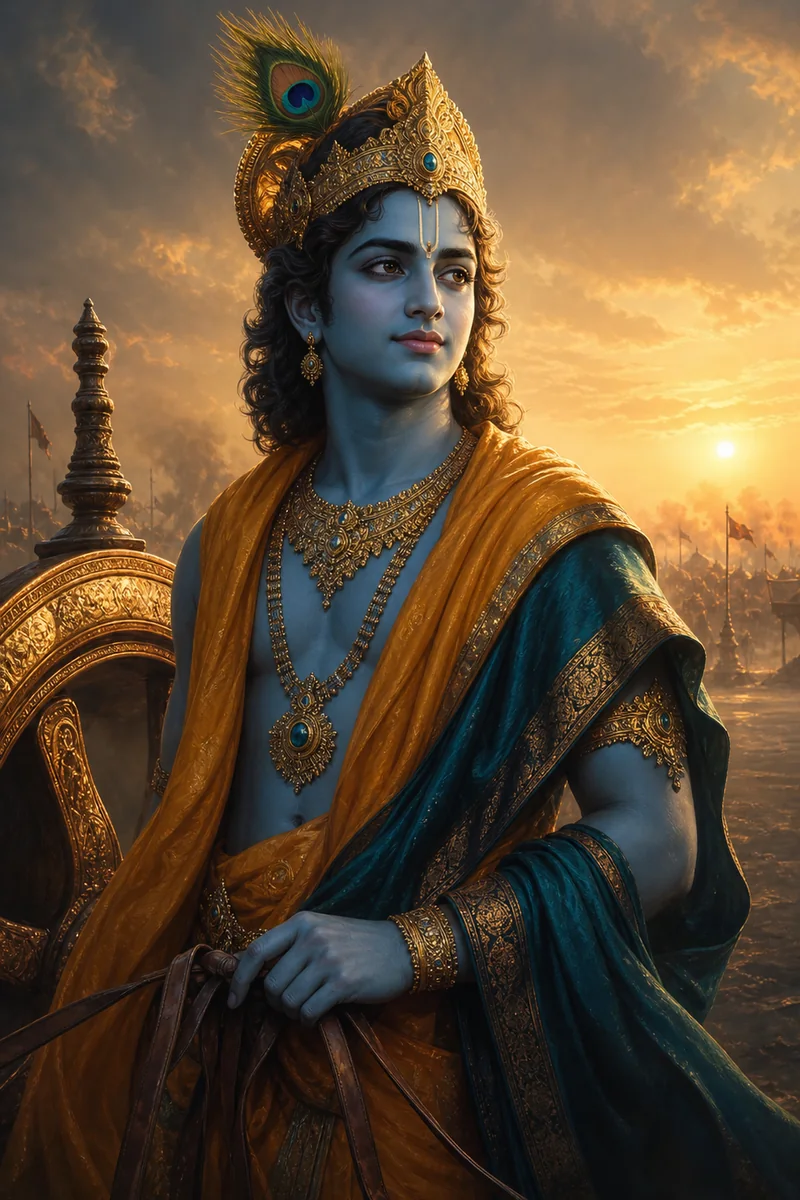 Cinematic portrait of Krishna as charioteer and teacher at Kurukshetra