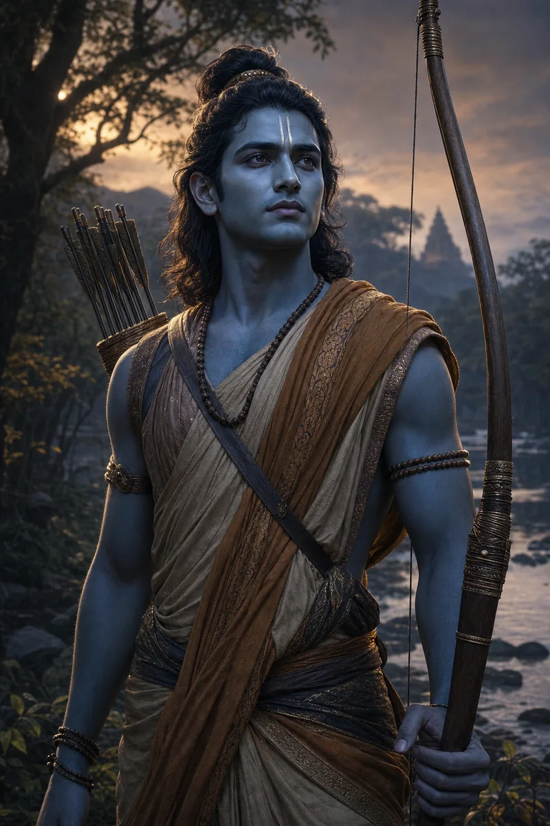 Cinematic portrait of Rama during the forest exile