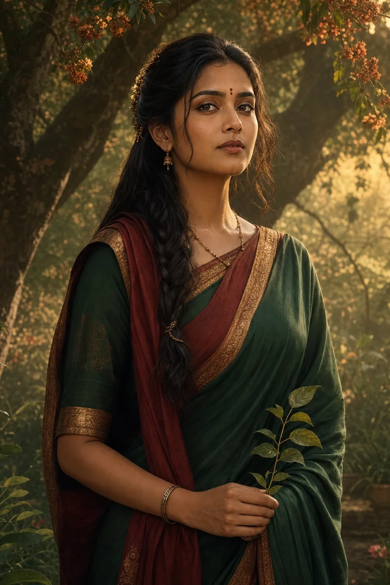 Cinematic portrait of Sita in a forest garden at dawn