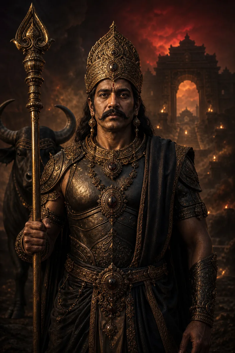 Cinematic portrait of Yama as a solemn king beside his buffalo